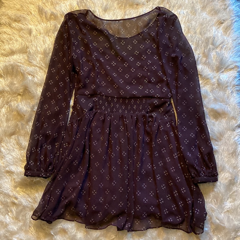 Free People Maroon Chiffon Long Sleeve Fit & Flare Dress size Medium - Picture 11 of 16
